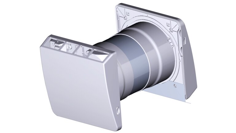 Das Bild zeigt eine 3D-Darstellung des Leaf Air Lüftungsgeräts in montierter Ansicht. Das Gerät besteht aus einem runden Lüftungsrohr mit rechteckiger Außenabdeckung und einer Wandanschlussplatte. Die Konstruktion verdeutlicht den kompakten Aufbau des Systems zur dezentralen Wohnraumlüftung mit Wärmerückgewinnung. Die Darstellung ist in hellen Grautönen auf weißem Hintergrund gehalten und zeigt die technischen Konturen und Details des Produkts.